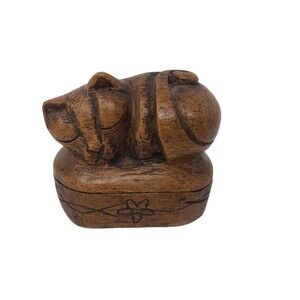 Miniature Wood Sleeping Cat Trinket Box Jewelry Box Hand Carved Thailand 2 1/2"
